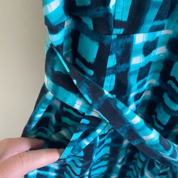 Marvin Richards Teal Watercolor Belted Fit and‎ Flare Dress Size 2 Pockets - Picture 4 of 6